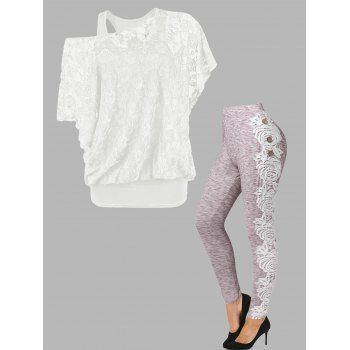 

Sheer Rose Lace Bat Sleeve Skew Neck T Shirt Basic Cami Top And Lace Applique Space Dye Leggings Outfit, Multicolor