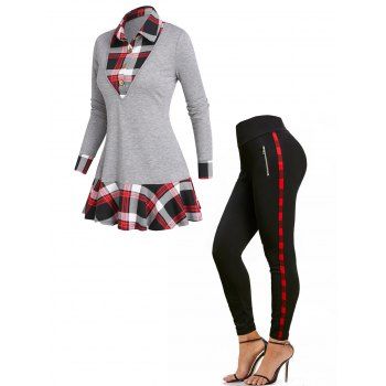 

Plaid Print Button Skirted Turn Down Collar Long Sleeve Faux Twinset T-shirt And Zipper Details Skinny Wide High Waist Pants Outfit, Multicolor