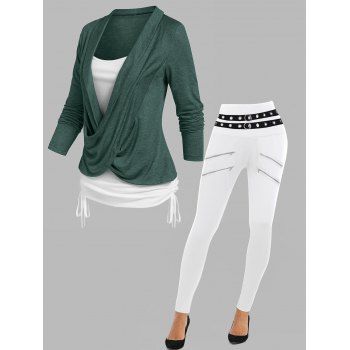 

Crossover Heathered Ruched Cinched Faux Twinset T Shirt And Zipper Grommet Pants Casual Outfit, Multicolor