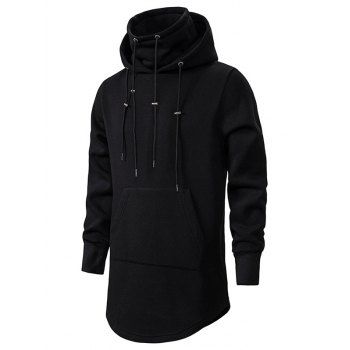 

Solid Color Hoodie Pockets Flocking Inner Hoodie Curve Hem Long Sweatshirt With Hood, Black