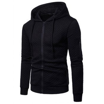 

Textured Jacket Rhombus Pattern Solid Color Pockets Zip Up Hooded Jacket, Black