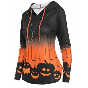 

Halloween Faux Twinset Hoodie Pumpkin Printed Half Zipper Casual Sweatshirt With Hood, Orange