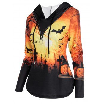 

Halloween Faux Twinset Hoodie Pumpkin Printed Half Zipper Casual Sweatshirt With Hood, Light orange