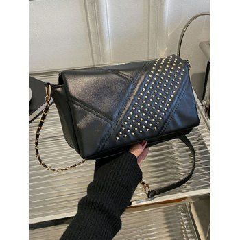 

PU Rectangle Rivet Topstitching Magnetic Closure Crossbody Bag, Black