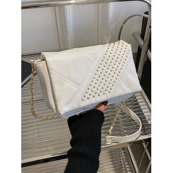

PU Rectangle Rivet Topstitching Magnetic Closure Crossbody Bag, White