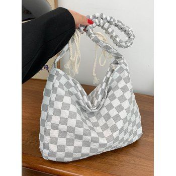 

Nylon Plaid Print Zipper Shoulder Bag, White