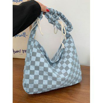 

Nylon Plaid Print Zipper Shoulder Bag, Blue koi