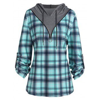 

Plus Size Plaid Print Hoodie Side Slit Half Zipper Colorblock Faux Twinset Hoodie, Light blue