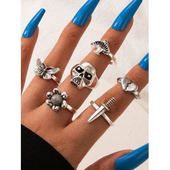 

6Pcs Skull Mushroom Butterfly Flower Heart Sword Shape Metal Finger Rings Set, Silver