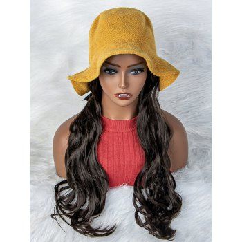 

Long Body Wave Heat Resistant Synthetic Wig With Bowknot Fisherman Hat, Black