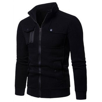 

Fleece Lining Plain Color Jacket Stand Collar Snap Button Pocket Zip Up Jacket, Black