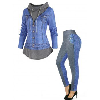 O Ring Zipper Hooded Drawstring 2 In 1 T-shirt And High Waist Leggings Faux Denim 3D Print Outfit
