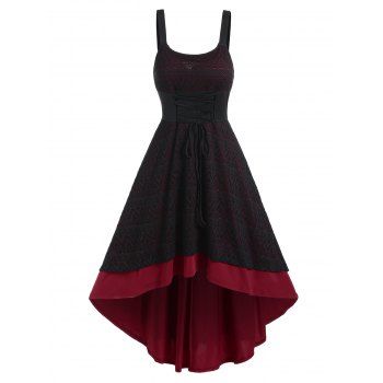 

Casual Dress Geometric Print Dress Lace Overlay Lace Up High Low Midi Summer Dress, Deep red