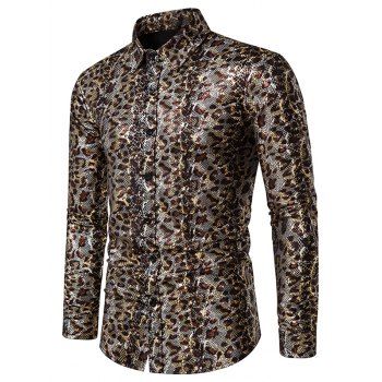 

Metallic Shirt Leopard Snake Print Glitter Shirt Long Sleeve Button Up Shirt, Deep coffee