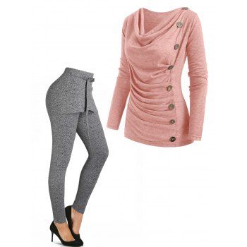 

Heathered Mock Button Long Sleeves Draped Cowl Neck T-shirt And O Ring High Rise Skirted Leggings Outfit, Multicolor