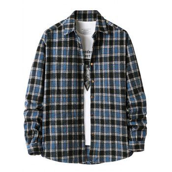 

Plaid Print Shacket Curved Hem Snap Button Fastenings Turndown Collar Casual Shirt Jacket, Blue