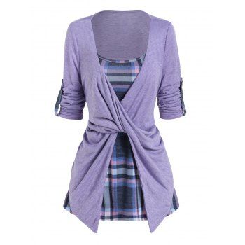 

Plaid Print Adjustable Straps Backless Camisole And Rolled Sleeve Twisted T Shirt Two Piece Set, Light purple