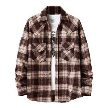 

Vintage Shirt Plaid Print Shirt Front Pocket Turn Down Collar Button Up Shirt, Coffee