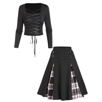 

Lace Up Long Sleeve Crop Top And Buckle Straps Plaid Godet Skirt Gothic Outfit, Black