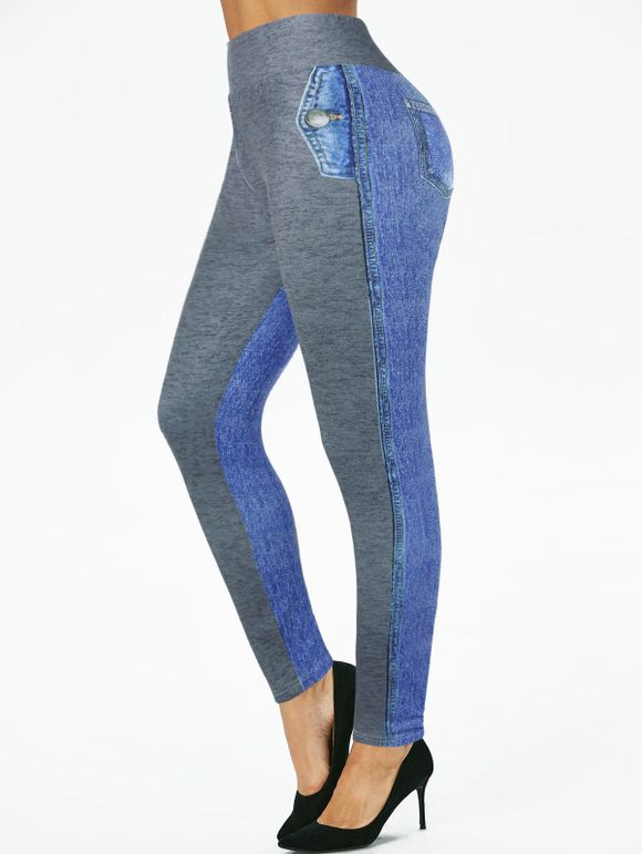 Legging Moulant à Imprimé 3D Jean à Taille Haute - Bleu clair XXL