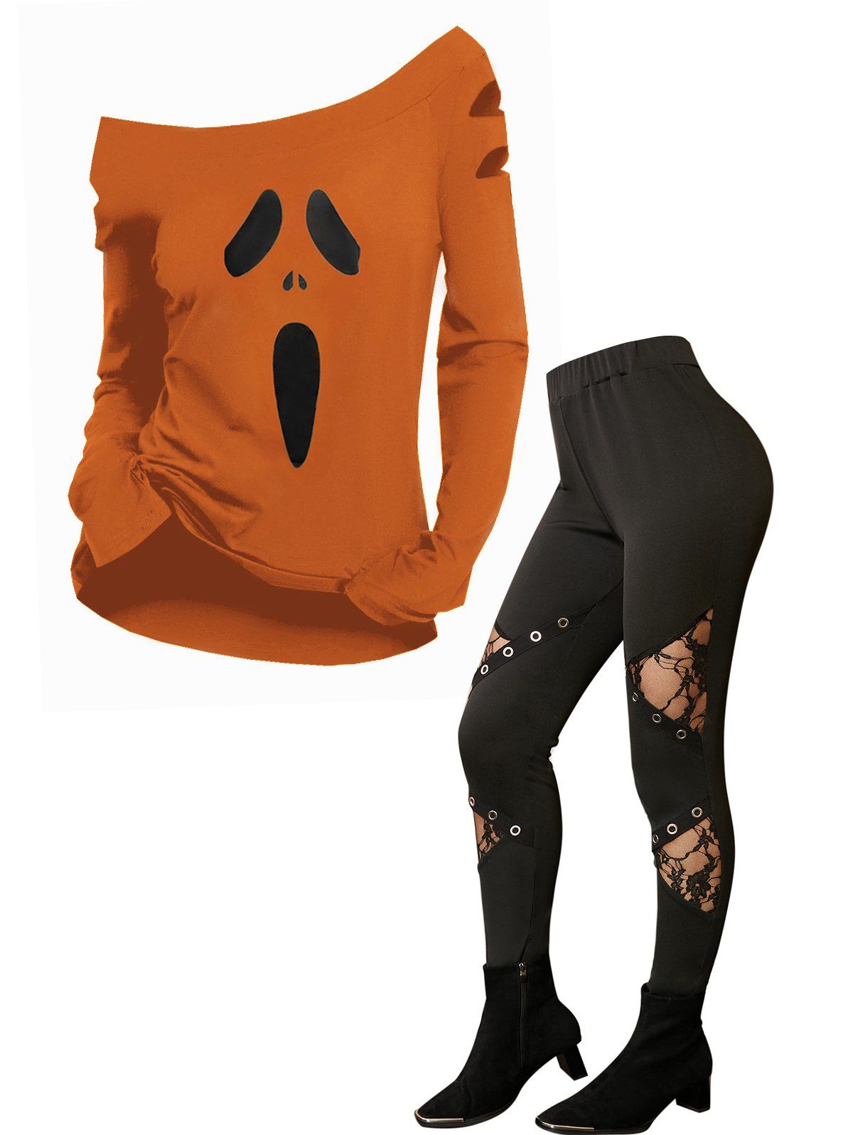 T-shirt D'Halloween à Imprimé Fantôme Amusant Découpé à Manches Longues à Col Oblique et Pantalon à Taille Haute - multicolor S