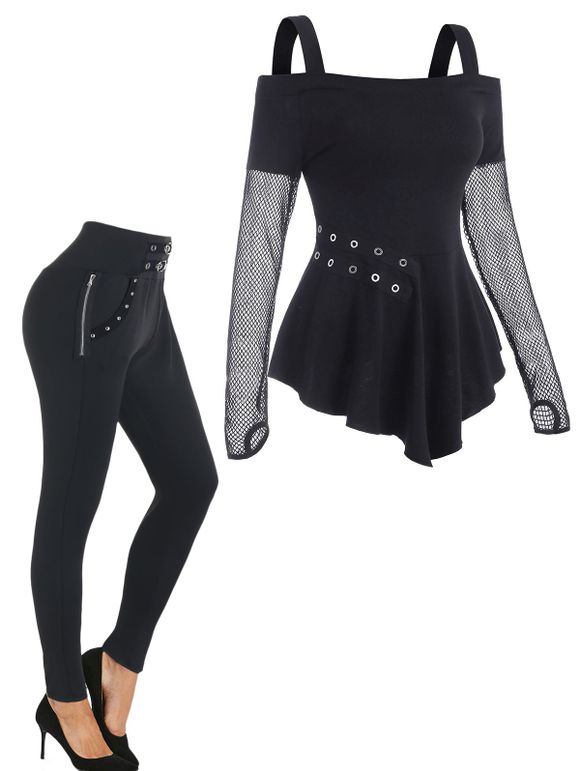 Ensemble de T-shirt Embelli de Œillet à Epaule Dénudée et Legging Zippé de Boucle - Noir S