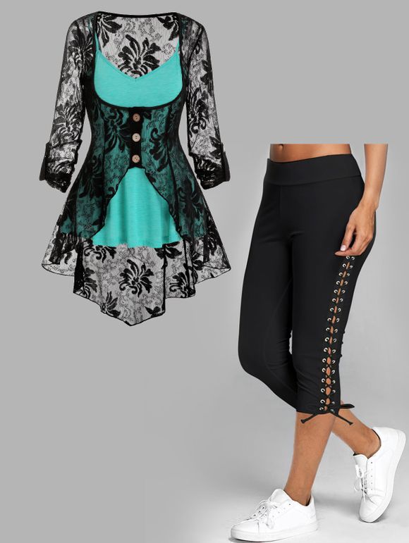 Heather Cami Top Floral Lace Mock Button Slit Long Sleeve Blouse And Lace Up Capri Leggings Outfit - multicolor S