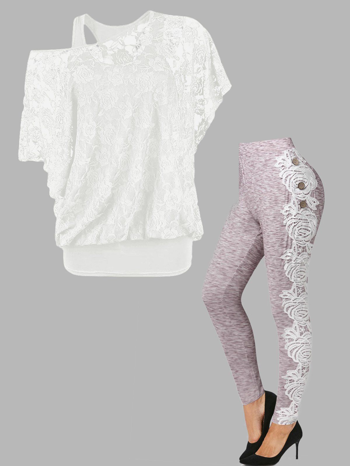 Sheer Rose Lace Bat Sleeve Skew Neck T Shirt Basic Cami Top And Lace Applique Space Dye Leggings Outfit - multicolor S