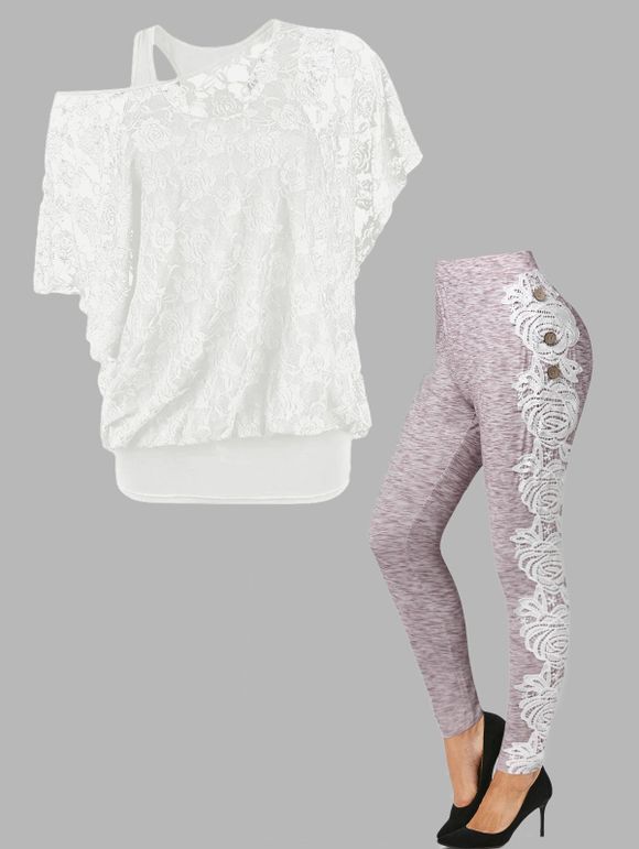Ensemble de Legging de Base Chiné Applique en Dentelle et T-shirt Rose à Manches Chauve-souris - multicolor S