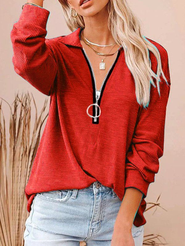 Drop Shoulder Sweatshirt O Ring Half Zipper Turndown Collar Long Sleeve Sweatshirt - RED S