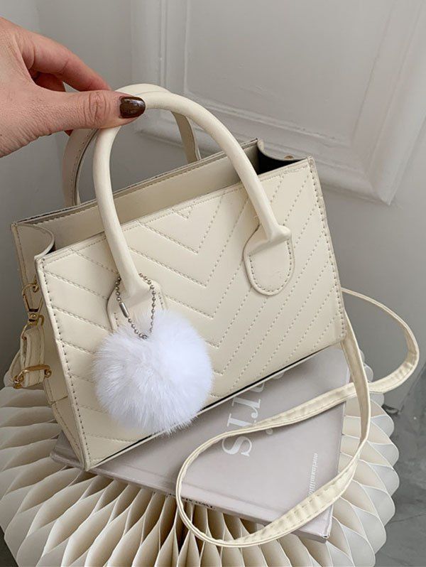 Solid Color Topstitching Fuzzy Ball Zipper Crossbody Bag Handbag - WARM WHITE 