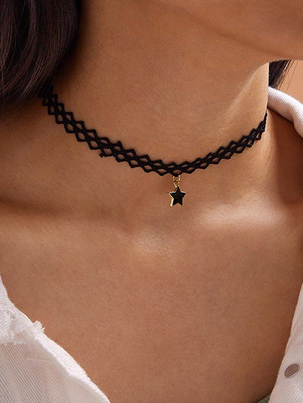 Lace Choker Hollow Out Star Pendant Gothic Necklace - BLACK 
