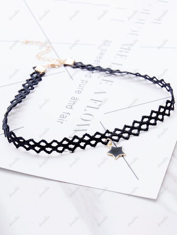 Collier Ras du Cou Gothique Pendant Etoile Evidé en Dentelle - Noir 