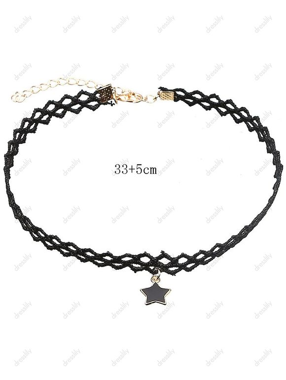 Collier Ras du Cou Gothique Pendant Etoile Evidé en Dentelle - Noir 