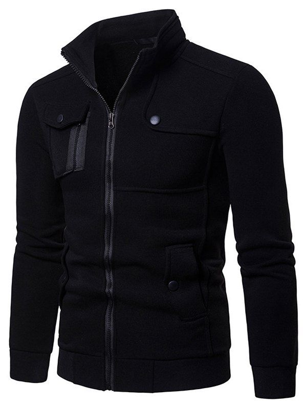 Fleece Lining Plain Color Jacket Stand Collar Snap Button Pocket Zip Up Jacket - BLACK XXL