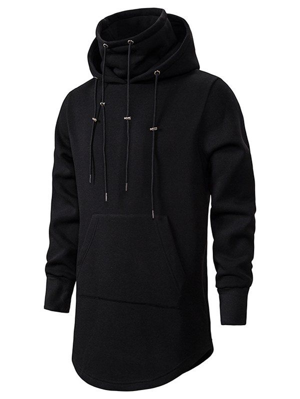 Solid Color Hoodie Pockets Flocking Inner Hoodie Curve Hem Long Sweatshirt With Hood - BLACK XXL