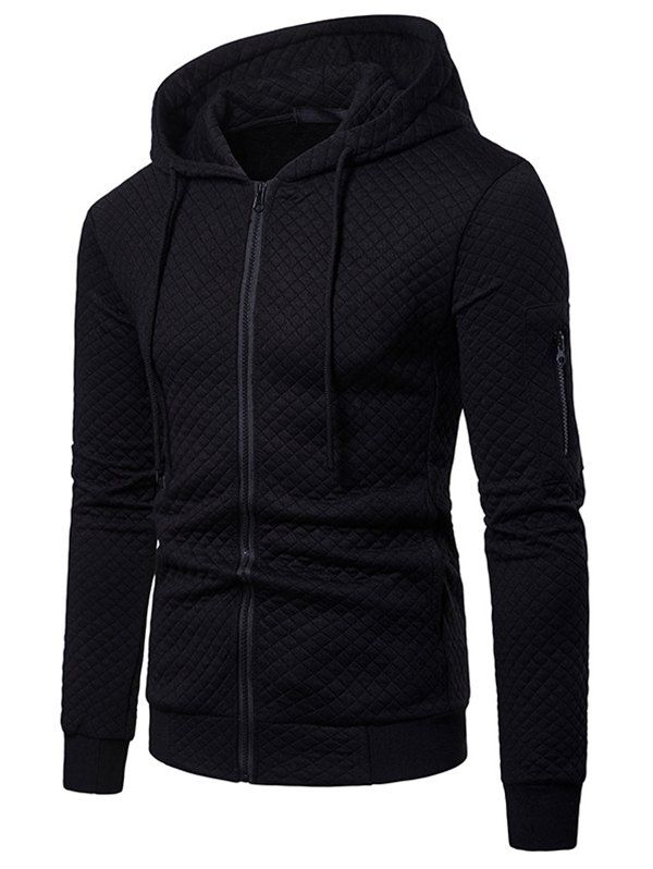 Textured Jacket Rhombus Pattern Solid Color Pockets Zip Up Hooded Jacket - BLACK XXL