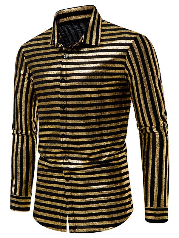 Chemise Boutonnée Rayée Imprimée Manches Longues à Paillettes - d'or XL