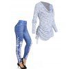 Ensemble de T-shirt à Imprimé 3D Fleur en Faux Denim à Manches Longues et Jegging Moulant à Taille Haute - Bleu S