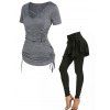 Cinched Tie Ruched Zipper Embellishment Cross V Neck T-shirt And Lace Up Asymmetrical Skirted Leggings Outfit - multicolor S