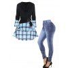 Plaid Print O Ring Layered Draped Faux Twinset T Shirt And Tirbal 3D Print Leggings Casual Outfit - multicolor S