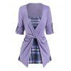 Plaid Print Adjustable Straps Backless Camisole And Rolled Sleeve Twisted T Shirt Two Piece Set - LIGHT PURPLE XXXL