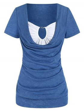 Colorblock T Shirt Cowl Neck Ruched Casual T-shirt Keyhole Short Sleeve Heathered Summer Tee