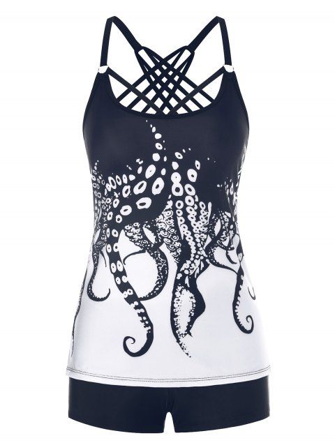 Tummy Control Tankini Swimsuit Crisscorss Octopus Print Swimwear Boyshort Summer Beach Bathing Suit