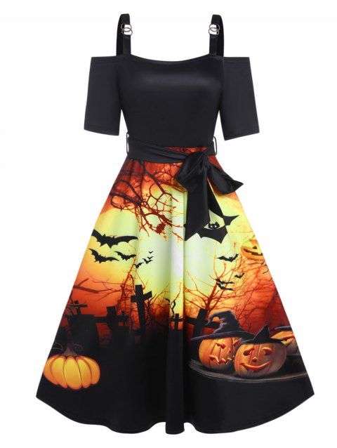 Halloween Pumpkin Bat Night Print Midi Dress Cold Shoulder High Waist Belted A Line Dress