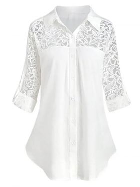 Sheer Flower Crochet Lace Insert Shirt Curved Hem Turndown Collar Long Sleeve Shirt