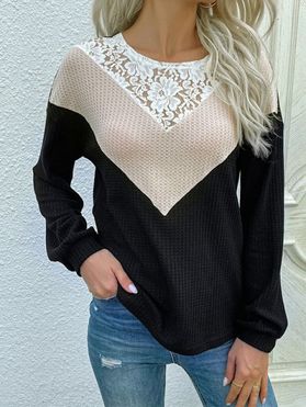 Sheer Flower Lace Insert Colorblock Knit Top Textured Drop Shoulder Long Sleeve Knitted Top