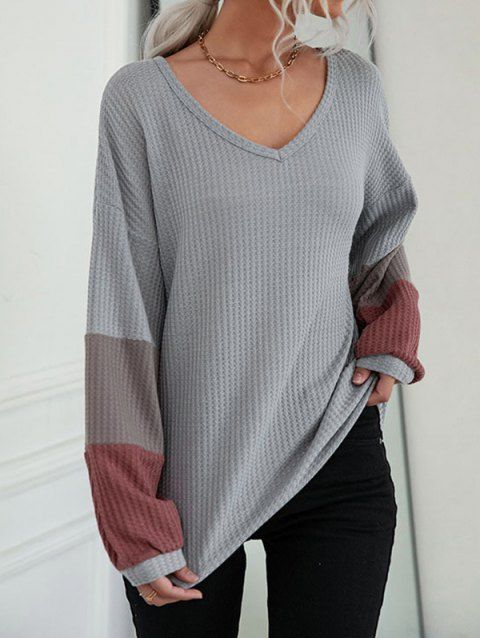 Colorblock Drop Shoulder Knit Top V Neck Long Sleeve Casual Knitted Top