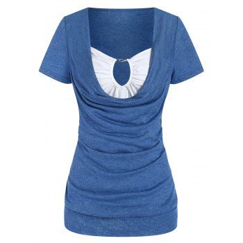 

Colorblock T Shirt Cowl Neck Ruched Casual T-shirt Keyhole Short Sleeve Heathered Summer Tee, Deep blue