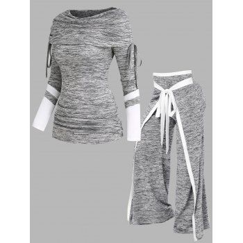 

Space Dye Colorblock Cinched T Shirt And Bowknot Wide Leg Pants Casual Outfit, Light gray
